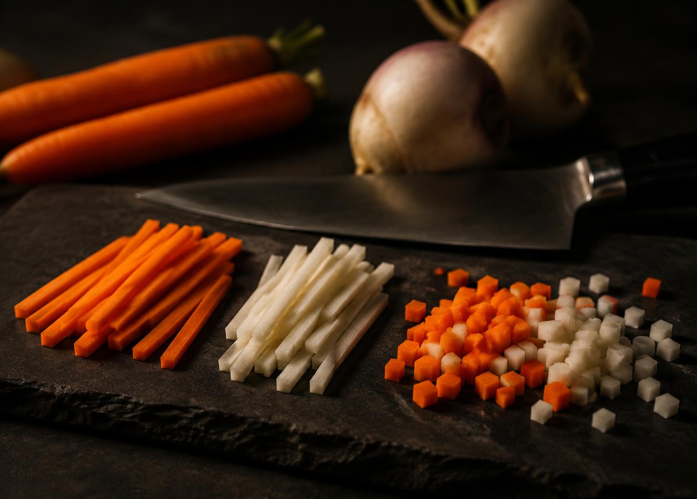 Precision vegetable knife cuts on a slate board